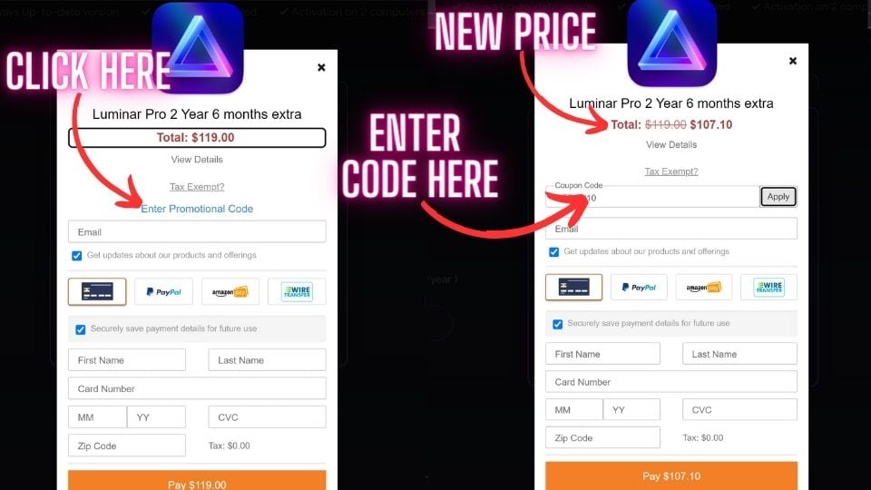 Screenshots of how to enter the Luminar Neo Discount Code