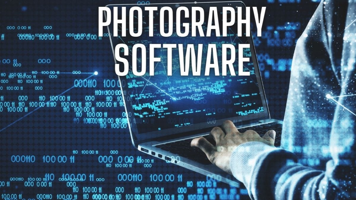 photography editing software reviews and tutorials Test saying Photography Software with a man holding a laptop.