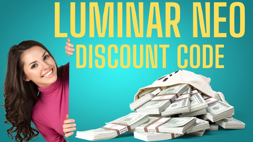 A woman smiling looking at text saying Luminar Neo Discount code