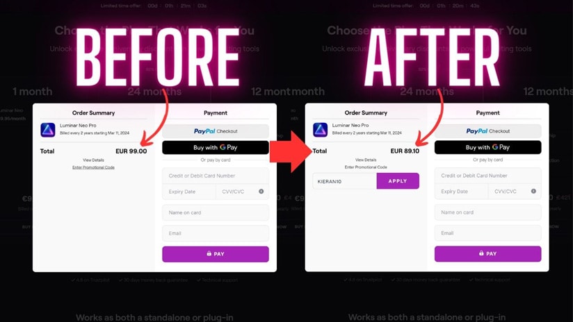 My Luminar Neo Dsicount code being applied on the Skylum website.